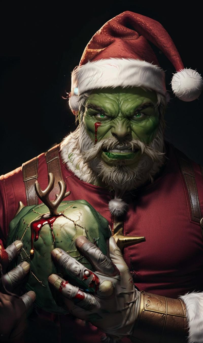 A comic book character wearing a Santa hat with a green face and a red shirt.