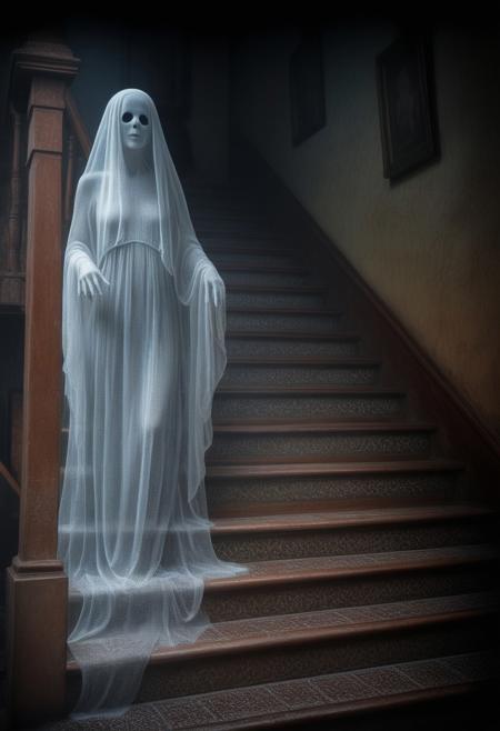 Ethereal Echoes :  Translucent figure of a ghost on the stairs, use of "pointillism" vintage style with 1/1 thickness in the top corner in light white and 1/10000 thickness in the bottom left corner in contrasting dark colors, in the bottom left a beautiful woman posing for the scene. RAW HDR, UHD, HQ, 8k resolution, whimsical and stunning fantasy. The rich color palette elevates this piece to a masterpiece.