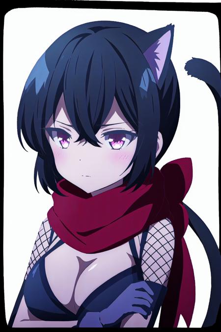 1girl,  solo,  breasts,  blush,  short hair,  bangs,  simple background,  black hair,  gloves,  white background,  animal ears,  cleavage,  hair between eyes,  medium breasts,  tail,  upper body,  scarf,  cat tail,  fishnets,  red scarf,  ninja
high quality, best quality, ultra detailed, masterpiece, bare shoulders, <lora:EMS-55971-EMS:0.800000>