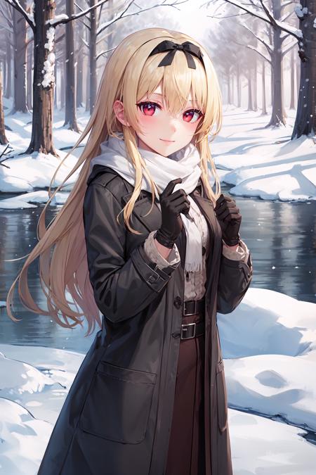 masterpiece, best quality, cowboy shot, looking at viewer, smile, yue, very long hair, hairband, hair bow, winter coat, scarf, gloves, outdoors, snowing, forest, lake, <lora:yue_v2:0.9>