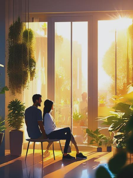 <lyco:PascalCampion:1.0> a couple talking in a cozy brightly lit room in front of plants, sun rays illuminate them, pascal campion style