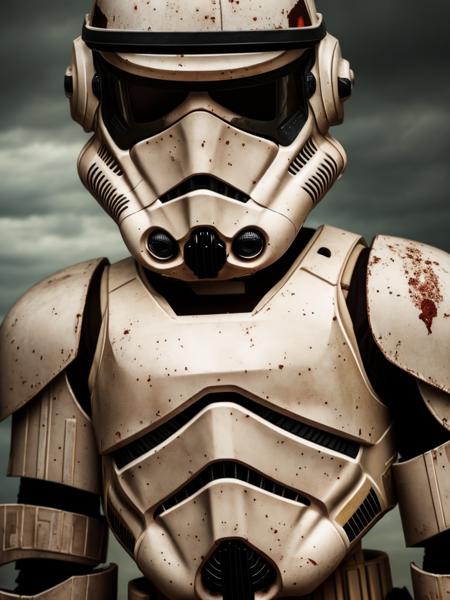 dark and gloomy action 8k photo, storm trooper, wearing broken armor, at cluttered and messy field , action shot, tattered torn shirt, skin pores, detailed intricate iris, very dark lighting, heavy shadows, detailed, detailed face, (vibrant, photo realistic, realistic, dramatic, dark, sharp focus, 8k)