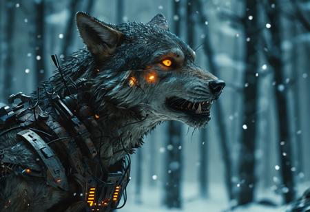 cyberpunk, distopic future, bladerunner 2049. very detailed and complex biomechanical wolf gazing at viewer, about to hunt, (night snow forest:1.5), sparking and intimidating amber eyes, (hunt position:1.5), bioluminicense wires, hard edges, opaque gray color, dirty, rusty, fangs, (intricate details:1.5), (detailed paw:1.2), (growling:1.5). Scify, otherworld, bladerunner 2049. (POV, frontal, medium shot), (Camera canon eos r6 mark ii, len 35mm, f1.6). Cinematic, cinematic lighting, dimsy lit, volumetric light. High-quality, hyperdetailed, intricate details, realistic, perfect composition, intriguing glowing eyes, 8K, UHD, HDR. easynegative