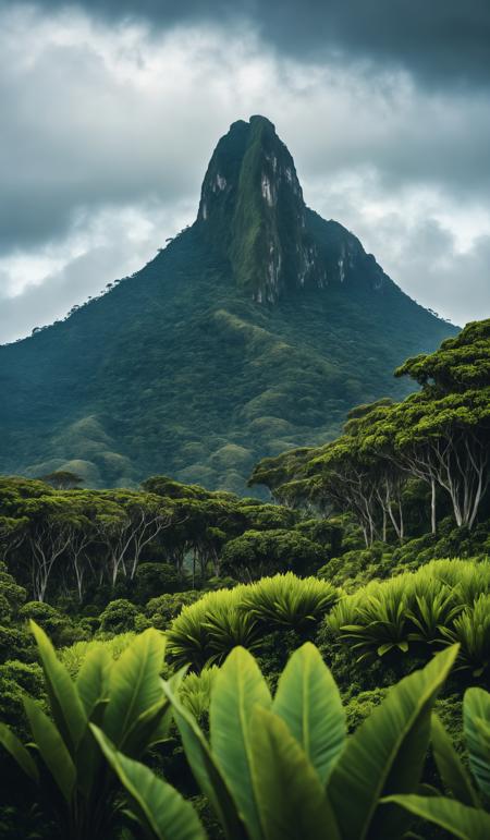 Serene landscape featuring the towering pico co grande amidst verdant tropical vegetation under moody skies, copy space, design template, breathtaking photograph, dramatic light, award-winning, professional, highly detailed . 35mm photograph, film, bokeh, professional, 4k ,minimalistic, daylight, warm atmosphere, <lora:add-detail-xl:1>, cinematic look, <lora:SDXLHighDetail:0.3>
