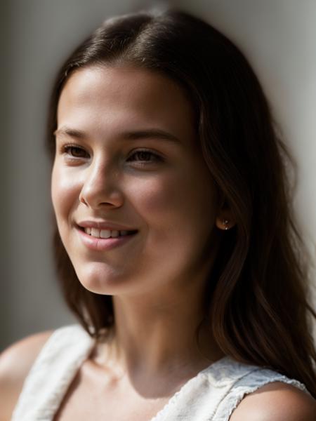 Realistic photo of a beautiful M1ll13bb-v1 woman, 1girl, solo, long hair, looking at viewer, smile, brown hair, brown eyes, closed mouth, lips, portrait, hand on own face, head rest, realistic, soft lighting, professional Photography, Photorealistic, detailed, RAW, analog, sharp focus, 8k, HD, high quality, masterpiece<lora:M1ll13bb-v1:1.0>