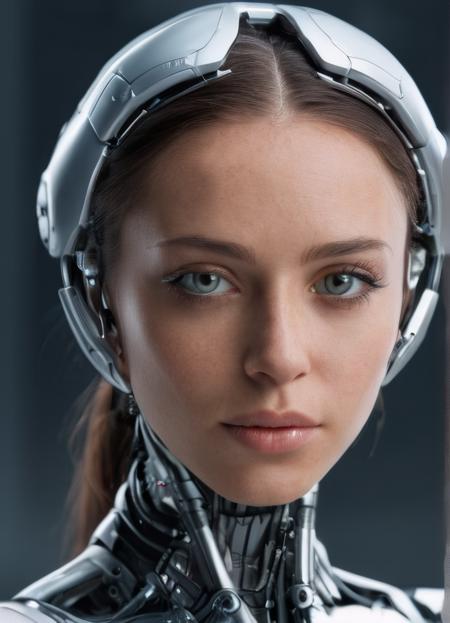 A female cyborg with a robotic body showcasing intricate mechanical structures, a human-like face with detailed eyes, gazing at the viewer. The detailed eyes add depth and realism to the futuristic concept, highlighting the fusion of humanity and technology. High-definition image capturing the blend of organic and mechanical elements, perfect for projects related to science fiction, futuristic themes, and advanced technology.