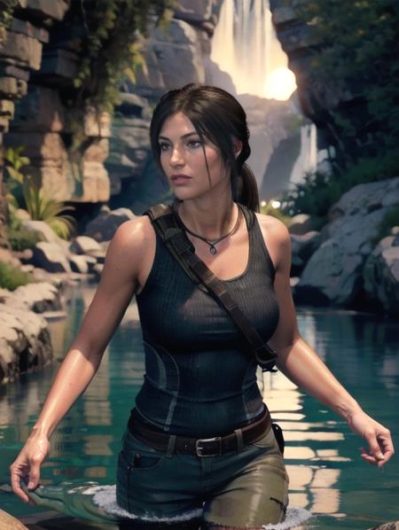 Lara Croft, exploring dark cave, water, moonlight, fire,   (8k, RAW photo, best quality, masterpiece:1.2),ultra-detailed, (high detailed skin:1.2), 8k uhd, dslr, soft lighting, high quality, <lora:projectile_cum_v0.2:1> (8k, RAW photo, best quality, masterpiece:1.2),ultra-detailed, (high detailed skin:1.2), 8k uhd, dslr, soft lighting, high quality,  <lora:Lara_Croft_SotTR_v11:0.8>