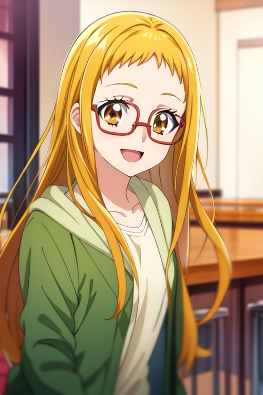 kasuganourara, 1girl, solo, looking at viewer, open mouth, glasses, smile, anime coloring, shirt, upper body