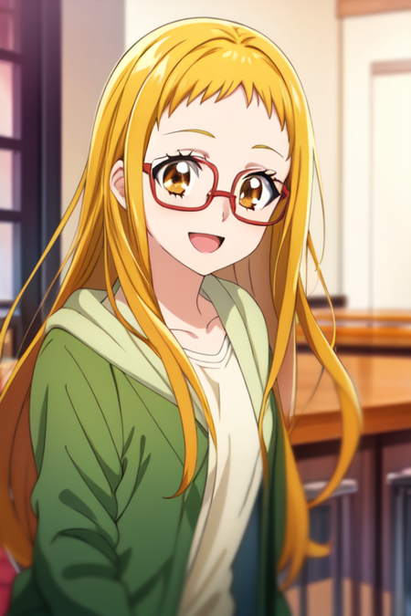 kasuganourara, 1girl, solo, looking at viewer, open mouth, glasses, smile, anime coloring, shirt, upper body