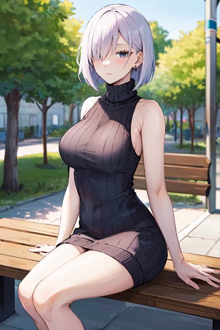 masterpiece, best quality, highres, fiona1, spy x family,  hair_over_one_eye, solo, earring, breasts, <lora:fiona_frost_v1:0.7>,  expressionless, sweater dress, turtleneck sweater, sleeveless, outdoors, sitting, bench,