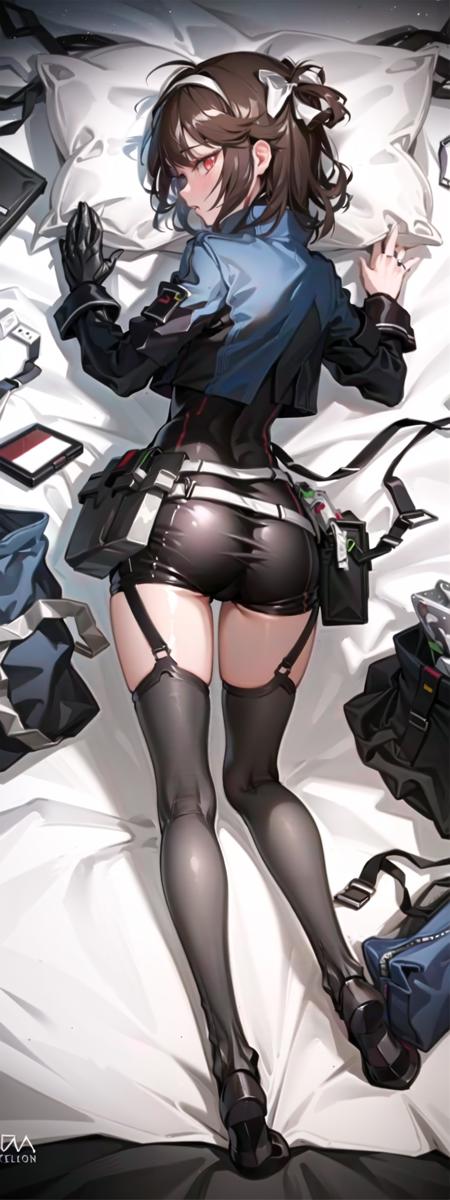 ( full body ),( from above ,from back, plane view ),solo ,1girl,brooch , black thighhighs ,red eyes,brown hair,  hairband,blue shirt, ( lying on bed :1.4),looking back,looking at viewer,    solo focus ,( coquettish:1.2),( half-closed eyes ), blush ,white bed sheet ,( shiny:1.4),( Oil highlights:1.5)[ wet with oil:0.3], reflection ,