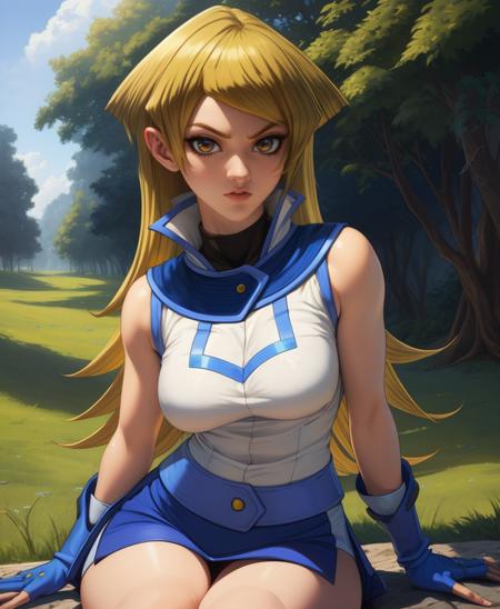 Alexis,blonde hair,brown eyes,long hair,
white duel academy uniform (yu-gi-oh! gx),blue miniskirt,blue fingerless gloves,bare shoulders,
sitting,serious,
school campus,outdoors,
(insanely detailed, beautiful detailed face,beautiful detailed eyes, masterpiece, best quality),solo,<lora:AlexisRhodes:0.9>,