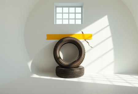 “Captured with Panavision Prime Cine optics: a minimalist studio scene showcasing a pastel white dome-shaped wall that curves smoothly into the floor, bathed in the soft glow of diffused cinematic lighting. Cube-shaped shadows, cast by a front-facing window grid, create depth and visual intrigue. At the precise center of the wall’s height, an old, weathered tyre rests, held in place by a broad strip of vibrant yellow duct tape. Beside the tyre, a jagged scar disrupts the wall’s otherwise smooth surface, introducing a raw, contrasting imperfection to the otherwise pristine setting. The premium optics highlight every texture— from the roughness of the tyre and wall to the bold contrast of the tape and scar, emphasizing the interplay of decay and order.”
