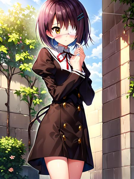 (exceptional, best aesthetic, new, newest, best quality, masterpiece, extremely detailed), 1girl, solo, shindouchihiro, looking_at_viewer, school_uniform, blush, eyepatch