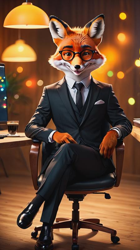 Raw photo of a mr.Fox, sits, black suit and shoes, black glasses, sits on office chair, wooden table, smile, in office, at a new Year party, neon, realistic, cinematic lighting, soft shadows, sharp focus, fractal, colorful, depth of field, best quality, 16k resolution, <lora:mr.Fox:0.8>