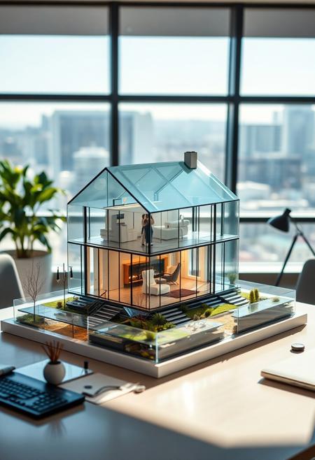 isometric diorama of a house built entirely of transparent glass, wide pulled back view, diorama is in an office setting, on a desk, large windows, warm daylight