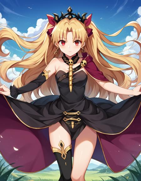 ereshkigal, long hair, blonde hair, very long hair, two side up, tiara, red eyes, ribbon, hair ribbon, red ribbon, parted bangs, medium breasts thighhighs, dress, jewelry, earrings, black dress, single thighhigh, asymmetrical legwear, uneven legwear, single sleeve, spine,