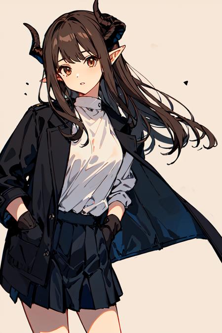 <lora:TrNyteal:0.8>1girl, solo, horns, gloves, long hair, parted lips, pointy ears, white gloves, shirt, white shirt, brown hair, looking to the side, cowboy shot, brown eyes, black skirt, jacket, coat on shoulders, jacket on shoulders, hand in pocket