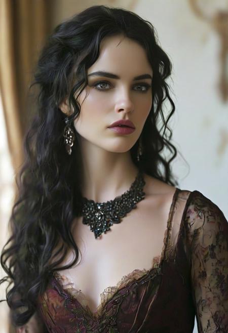 Face and Skin: Morgana has a fair complexion. Her face is characterized by a slightly angular jawline and high cheekbones.
Hair: She sports long, dark brown hair styled in loose waves. Her hair often falls around her shoulders, giving her a dramatic and somewhat mysterious look.
Body: Slender, sleek and elegant.
Eyes: Morgana's eyes are a deep, expressive brown, and they often have a slightly intense or thoughtful expression.
Eyebrows: Her eyebrows are well-defined and slightly arched, which accentuates her eye shape and adds to her overall dramatic appearance.
Clothing: Morgana's attire often consists of stylish and somewhat Gothic or Victorian-inspired clothing. She is typically seen wearing a dark-colored dress, which could include elements like lace or intricate patterns. She favors a look that combines elegance with a touch of edginess.
Accessories: She might wear subtle but stylish accessories that complement her outfit, such as a necklace or earrings.
Overall Style: Morgana has a refined, sophisticated style that leans towards the dramatic. Her look reflects a blend of elegance and mystery, fitting her character's background and personality. 8K <lora:MJ52:1>