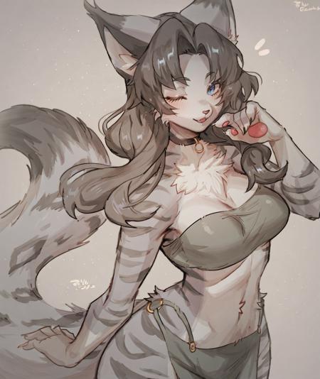 score_9,score_8_up,score_7_up,score_6_up,score_5_up,score_4_up,uncensored,
BREAK
1girl,furry,tatiana,anthro cat,cat girl,animal nosetwo-color fur,white fur,black fur,long black hair,curtain bangs,long eyelashes,ice blue eyes,seductive smile,wink,
BREAK
solo,standing,from above,perspective,arched back,portrait,medium breasts,black choker,bandeau,loincloth,
BREAK
fluffy tail,big tail,
BREAK
white background,,,suurin,<lora:Tatiana:0.9>,<lora:[XL_Pony]suurin1024-20240811-1957:1>