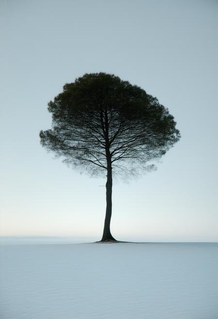 A solitary, wind-sculpted cypress tree silhouetted against a vast, inky black expanse. The scene is rendered in a minimalist style, employing soft, diffused light that subtly hints at a distant, unseen horizon. Linear shapes define the treeâs form â elongated branches reaching like delicate calligraphy against the flat background. The composition emphasizes balance, with gentle curves in the tree's trunk contrasted by the stark linearity of the sky. A shimmering white luminescence spills across the darkness, suggesting moonlight or a nascent dawn, evoking a profound sense of romantic solitude. Impressionistic brushstrokes are subtly layered to create depth and texture within the minimalism. 16k, cinematic lighting, ultra detailed, photorealistic, octane render, trending on ArtStation.