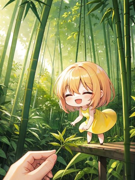 best quality, amazing intricate, cute girl, (chibi:1.6), round eyes, medium breast, 
closed eyes and smile, :d, dark green hair, bent over, in a bamboo forest, 
(looking away:1.2), 
medium hair, bob cut, 
(hair between eyes:1.2), 
, 
(straight hair:1.2), 
, 
, 
, 
from side, 
portrait, 
yellow dress, 
tube dress, 
,