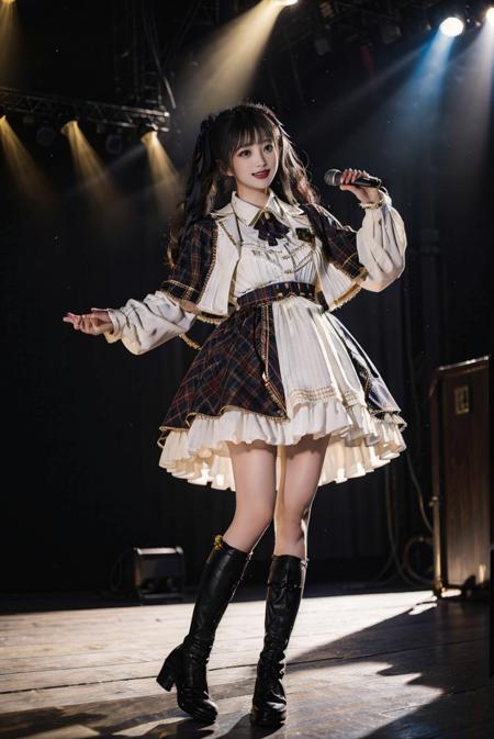 realistic, photorealistic, masterpiece, best quality, idol_costume, knee boots, 1girl, solo, smile, idol, full body, looking at viewer, long black hair, twintails,standing on stage, stage lighting, stage spotlight, detailed background, singing, holding microphone, audience, <lora:Cute Asian Face:0.6>,  <lora:idol_costume_style3_v3:0.7>