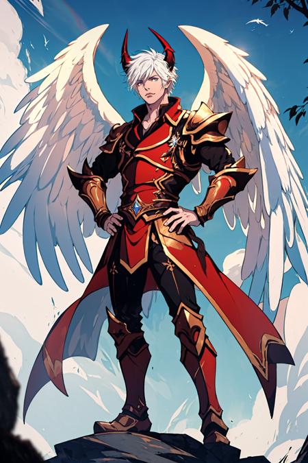 <lora:CREATED_ANIME_ShingekiNoBahamut_Lucifer_v01DanPend77_64dim:0.6>lucifer \(shingeki no bahamut\), 1boy, male focus, full body, white hair, horns, devil, demon, holy light, glowing outline, angel wings, feathered wings, dappled sunlight, nature background, forest, trees, blue sky, clouds, hand on hip, looking down, looking at viewer, armor, pedestal, sunbeam, intricate, detailed, filigree, 64K, f1.2, 800mm, UHD, dynamic lighting