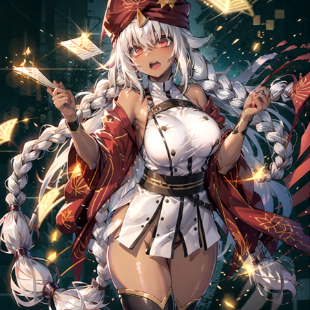 Lakshmibai an anime girl has huge braided hair and holds up a letter, 1girl, long hair, dark skin, braid, solo, white hair, dark-skinned female, turban, twin braids, red eyes, very long hair, blush, open mouth, breasts, thighhighs, red headwear, 1girl, long hair, braid, solo, dark skin, dark-skinned female, gloves, red eyes, white gloves, white pants, breasts, ahoge, twin braids, looking at viewer, sunset, bare shoulders,