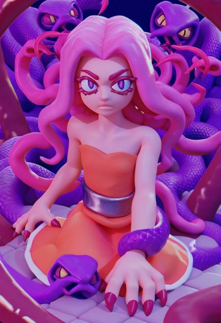 score_9,score_8_up,score_7_up, 1girl, @Crisppyboat, Crisppyboat \(Artstyle\), Medusa, long pink hair, snake eyes. intricate tunic, bare shoulders, kneeling, claws