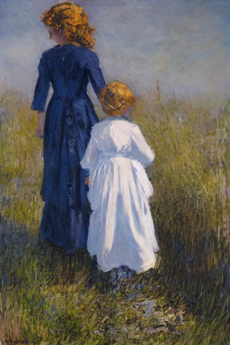 painting \(medium\)1girl,child,from behind, <lora:monet_v2-000004:1>