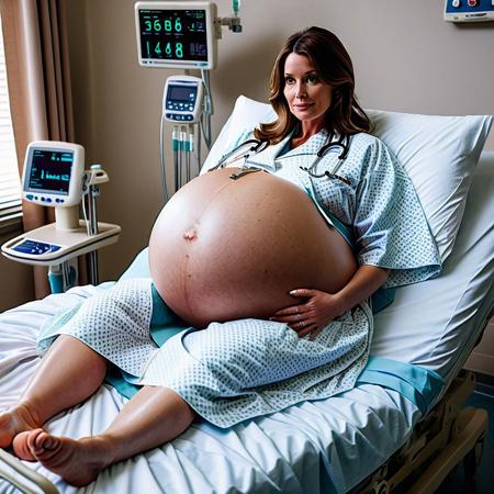 documentary scene of a white woman with a gigantic pregnant belly. She is wearing a white hospital robe in hospital, attached to medical equipment while in her bed. Her brown hair is in a bob. Her legs are in stirrups.