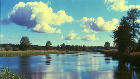 (((landscape of a river and trees in the distance with a blue sky in the background and a few clouds in the sky, 1980s movie footage vhs movie, high contrast)))<lora:MJ52:1.0>