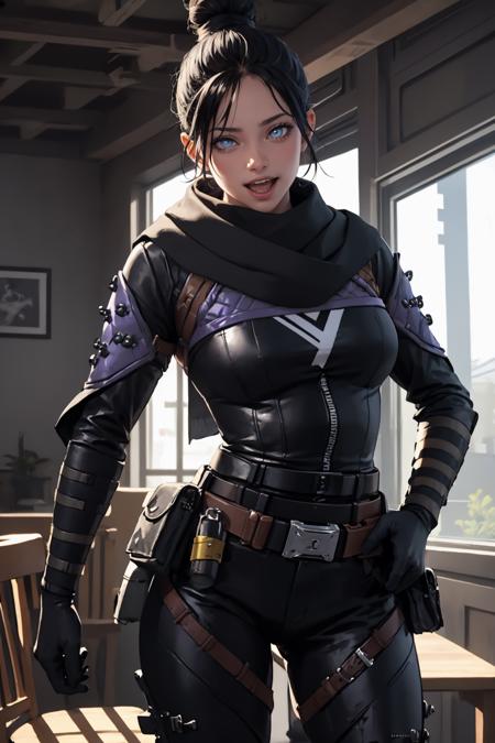 (masterpiece, best quality:1.2),  <lora:wraith_(apex_legends):.9>, wraith (apex legends), 1girl, solo, single hair bun, hair bun, bodysuit, scarf, black bodysuit, holding, breasts, black hair, black scarf, large breasts, blue eyes, belt, brown belt, bangs, parted bangs, hair behind ear, gloves, nose piercing, black gloves, thigh strap, tray, open mouth, smile, :d, indoors, chair