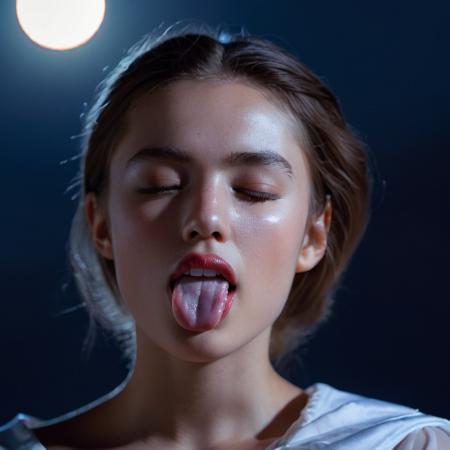 HD closeup portrait photo, Mouth closed, Front view, Tongue out, a stunning woman,moonlight, ethereal,  <lora:concept_tongue_out_xl_1_standard_merger_57_80_04_06:0.8>