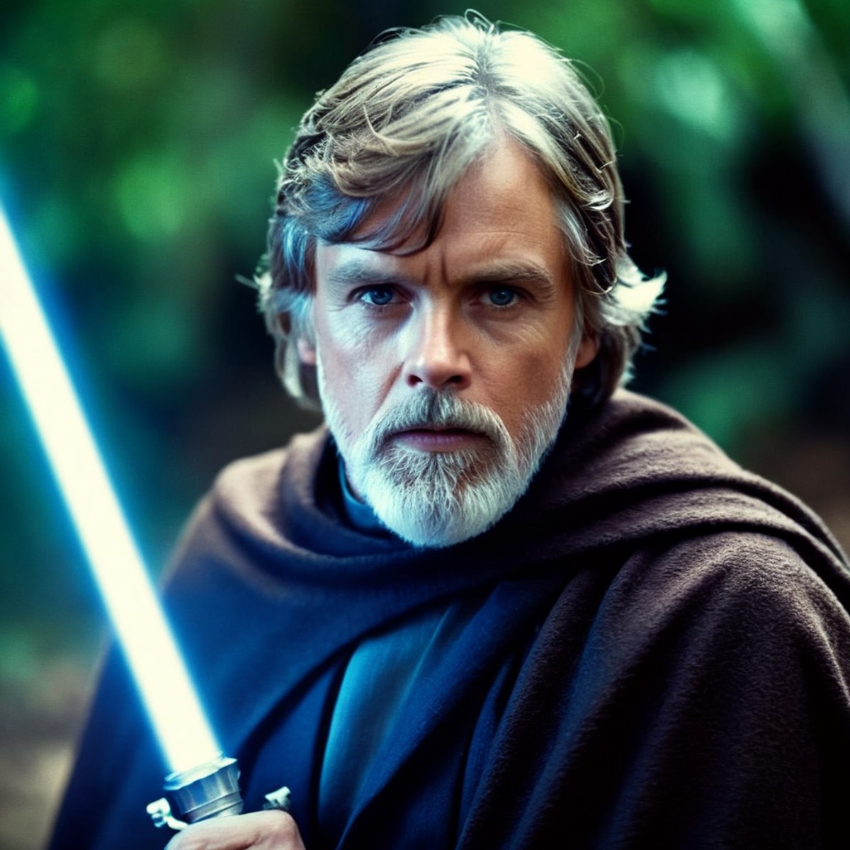 cinematic film still of  <lora:Luke Skywalker:1.2>
Luke Skywalker a man with a grey beard and a light saber in star wars u...