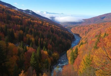 score_9, score_8_up, score_7_up, photo Quality, autumn, scenic setting of a dense forest with beautiful fall colors viewed from a mountain overlook, pockets of fog in the valley below rise above a river that flows through the valley.  The river os fast flowing with a section of rocky rapids
