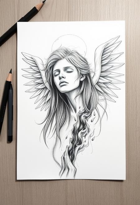 Pencil sketch portrait of a fallen angel, burning in hell fire. Fine lines minimalistic monochrome sketch drawing. Pencil skretchs everywhere on the paper.