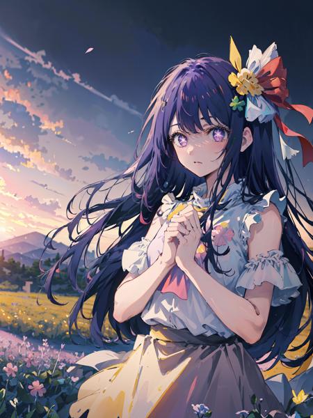 1girl, landscape, panorama, overlook,(high contrast:0.8),(distant view),blurry foreground,wind, cowboy shot,
HshinoAi, long hair, purple hair, purple eyes, hair ornament, star-shaped pupils, pink shirt, sleeveless, shirt, idol,
looking at viewer, own hands clasped,
Sports, afterimage, beautiful detailed sky, clover, flower field,
masterpiece,highres,extremely detailed CG unity 8k wallpaper, best quality, ultra-detailed,
 <lora:animeScreenshotLikeStyleMixLora_v10:1:BACKGROUND> <lora:HoshinoAi_v5-000006:1:CHARACTER>