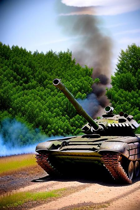T72TANK, summer green plain background, front view, close look, ,best quality, sunny day. fire around, (tank in the forest), looking at viewer