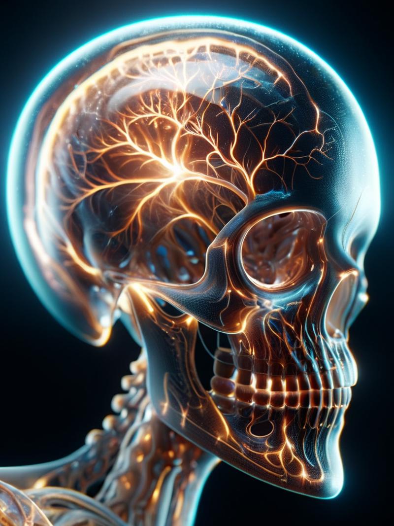 A 3D Illustration of a Human Head and Brain with Neurons and Blood Vessels.