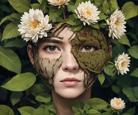 (masterpiece, illustration, high quality, close up), (((a woman with face in dry soil and flower and leaves on her face, human_nature_lora))), forest, (depth of field), <lora:human_nature_l0ra:0.6>