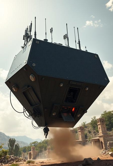 ultra high resolution, masterpiece, best quality, small featureless angular glossy black spacecraft with a heavily textured surface hovering low to the ground, underneath the spacecraft are cables hoses and wires, antennas on top, cables hanging from below, rectangular in shape, futuristic world, post apocalyptic landscape, anti gravity, in the atmosphere, sky, clouds, ground visible, hovering,  green trees and hills, rocky outcroppings, small buildings, chain link fence, small open entrance ramp at the lower edge of spacecraft, soldiers in dark armored spacesuit deploying from a brightly red backlit entrance, bright noon sun, the antigravity drive kicks up a large cloud of dust under the ship