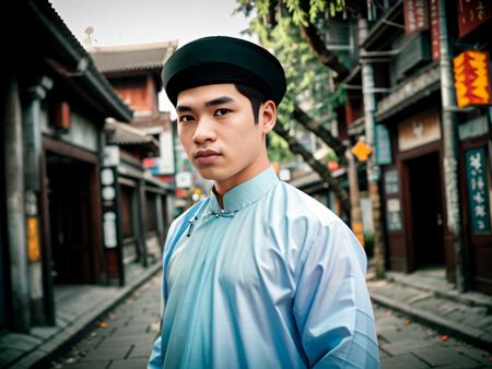 (((solo))) (ultra photorealistic) high quality nikon RAW color professional photo half body portrait of a man 24 years old, ((wearing aodainam<lora:AoDaiNam_V38_LoCon:1> clothes)), wearing (long pants), flat clothes, holding the paper fan on hand, (stand on the ancient city), (hyperrealistic the ancient city background), (detailed face:1.2), (hyperrealist high detailed hair), ((high detailed skin:0.9)), modelshoot style, DSLR, DLSR, art photographer, photographed on a FUJIFILM GFX 100S Camera, Fujifilm GF 63mm lens, F/6 aperture, tele angle, highly detailed (analog photography), (film grain:0.5), sharp outline, ((sharp focus on face)), ((sharp focus on body)), (depth of field), award winning photo, POV, 8K, UHD, key light, backlit, diffused soft light, soft lighting, lens flare, natural warm lighting, light from above, (strong front main lighting), crystal clear, high res, photorealistic, depth layering, physically-based rendering