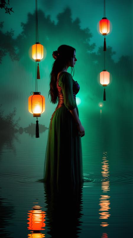 A closeup of a SFW, A mystical, female, shadow weaver stands at the edge of a foggy lake, surrounded by a multitude of lanterns that float on the water's surface, their soft, ethereal glow casting an otherworldly light on the murky surroundings, as if the shadows themselves were the source of illumination, and the darkness was a canvas for the vibrant, swirling colors that dance across the atmosphere, her long, dark hair flows behind her like a waterfall of night, and her eyes burn with an inner, emerald green fire as she raises her hands, and the shadows around her begin to coalesce into dark, tendril-like appendages that stretch out across the water, manipulating the lanterns as if they were puppets on a string, the lanterns in turn casting a dizzying array of colors across the fog, creating an immersive, dreamlike atmosphere that blurs the lines between reality and the realm of the unknown.,