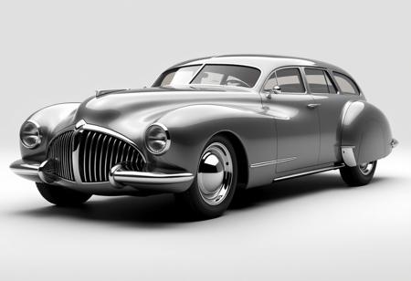 retro-futuristic concept car, curvy streamlined body, reminiscent of 1940s-50s automotive design, chrome accents, smooth rounded fenders, large rounded headlights, modernized with sleek integrated LED lighting, practical station wagon form, futuristic chrome grille, bold sweeping body lines, large windows, jet-age inspired design, subtle fins, low-slung yet practical, classic yet forward-thinking, metallic finish, perfect fusion of post-war futurism and modern technology, high-resolution, ultra-realistic textures, nostalgic yet innovative, functional and stylish, [boring modern design:-1.8], [low resolution:-1.7], [sharp angular body:-1.5], [flat surfaces:-1.6], [bland color palette:-1.4], [supercar aesthetic:-1.6]