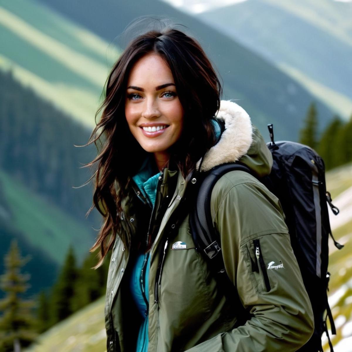 A woman wearing a backpack and a green jacket standing on a hillside.