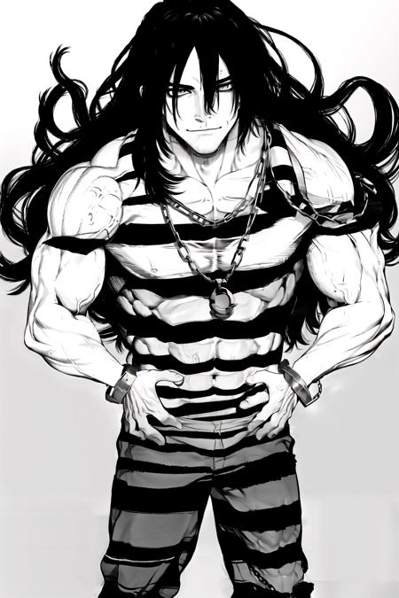 <lora:priclothes-70:1>, priclothes, striped clothes, shirt, 1boy, muscular male, chain, handcuffs, looking at viewer,  <lora:BoichiStyleV2-000003:.7>, greyscale, black background, light smile, closed mouth, long hair, empty eyes,baggy pants, bags under eyes,, Masterpiece, best quality, Masterpiece, best quality, Masterpiece, best quality, Masterpiece, best quality, Masterpiece, best quality, Masterpiece, best quality