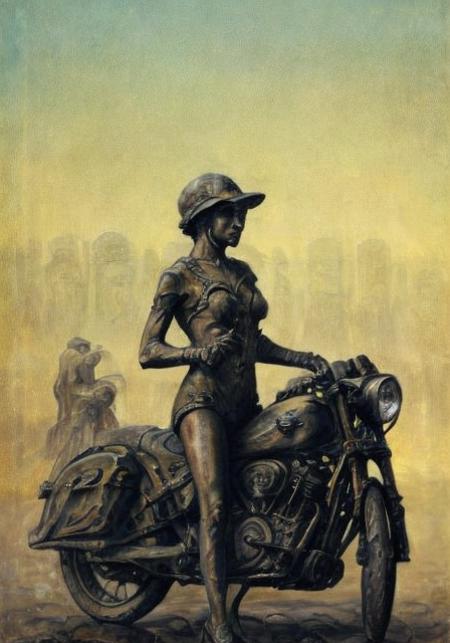 a woman on a motorcycle, by darius kawasaki <lora:darius_v1.0c-sv5:1>