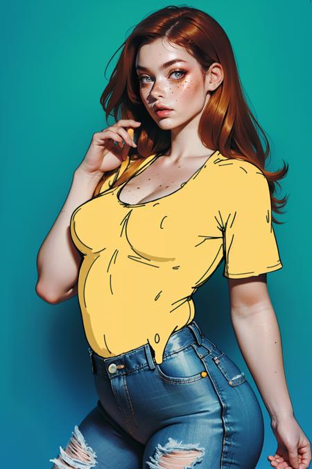 Dr4wn0n jeans, mixed media, cel shading clothing, slime, dripping,<lora:Dr4wn0n:0.9>  <lora:detail_slider_v4:1> <lora:Fr3ckles:0.7> Fr3ckles, freckles, ginger hair, medium breasts, long hair,  grey eyes, <lora:weight_slider_v2:0.8> solo, dripping , <lora:age_slider_v6:0.9>